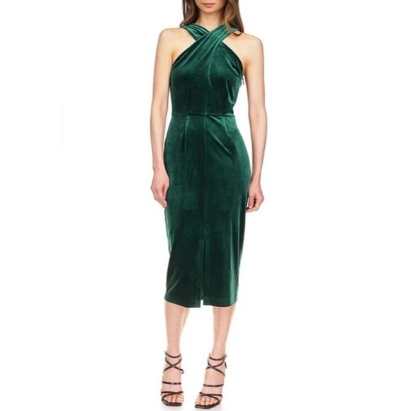 Michael Kors Stretch Velvet Sleeveless Twist Neck Midi Dress Green XL NEW - Picture 1 of 6